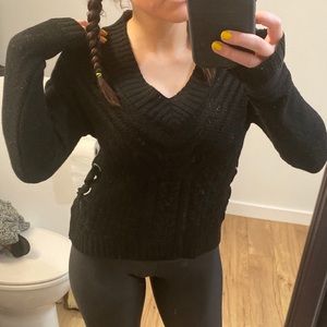 V neck black knit sweater